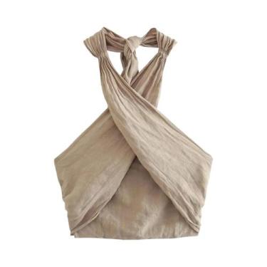 Imagem de Conjunto De Top Cropped Sem Mangas Em Caqui E Calças De Cintura Alta C