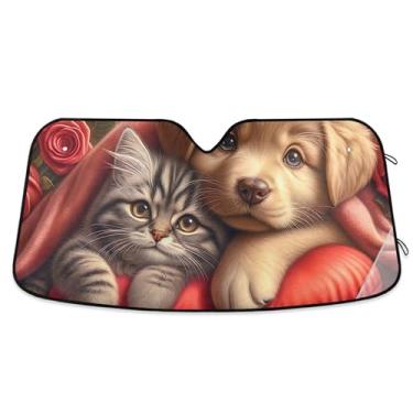Imagem de Guarda-sol romântico filhote de cachorro gatinho dia dos namorados para para-brisa bonito personalizado impressão retrátil automotivo protetor solar P, 134,6 cm x 59,7 cm