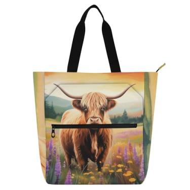 Imagem de GAIGEO Bolsa feminina marrom Highland Cow para trabalho, lona, praia, livro, bolsa com zíper, bolsa diária com compartimentos