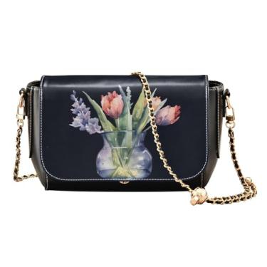 Imagem de GAIGEO Bolsa de couro com zíper de pato de borracha amarela, bolsas de viagem transversais de couro para mulheres, Flor de tulipa em aquarela, One Size