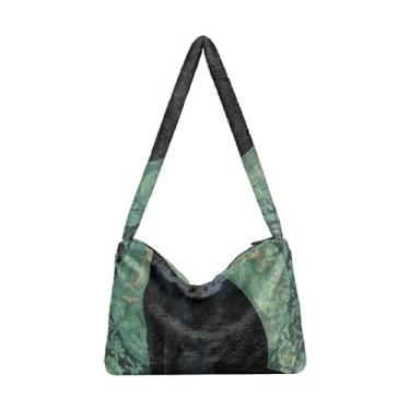 Imagem de GAIGEO Bolsa de ombro feminina quadrada geométrica preta vermelha para filhotes de cachorro, bolsa de ombro com bolso, bolsas de outono, Totem verde retrô gato preto, One Size