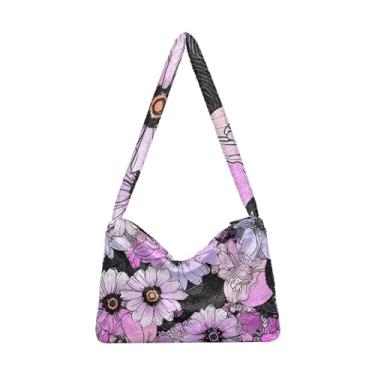 Imagem de Bolsas de ombro femininas de desenhos animados coloridos com flores, bolsa de ombro com zíper, bolsas de outono, Margarida florida roxa preta, One Size