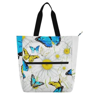 Imagem de GAIGEO Bolsa de mão azul amarela com margaridas borboleta para mulheres, crianças, escola, trabalho, zíper para amantes de livros, estampa floral