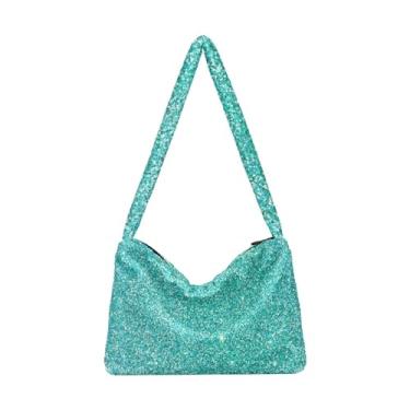 Imagem de Linda bolsa de ombro feminina de coelhinho colorido, bolsa de ombro, bolsa de mão de pelúcia feminina, Padrão de glitter verde, One Size