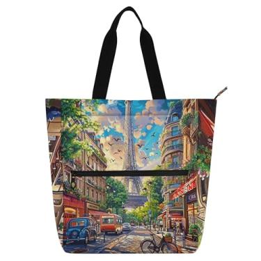 Imagem de GAIGEO City Street Painting Paris Bolsa de trabalho feminina de lona com zíper bolsa de praia para professores de presente para amantes de livros