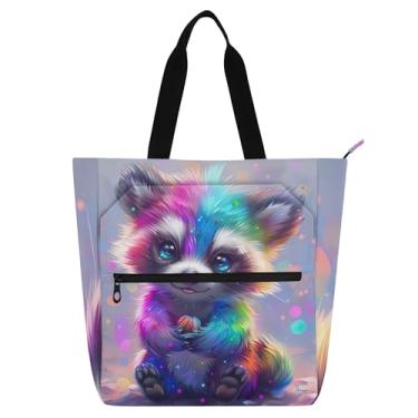 Imagem de GAIGEO Sacolas femininas coloridas com estampa de guaxinim arco-íris para trabalho, faculdade, escola, bolsas para uso diário, amantes de livros