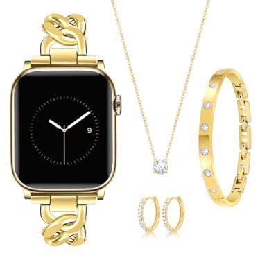 Imagem de MOINSPIRE Pulseira fina dourada e conjunto de 3 peças de joias de diamante para mulheres compatível com Apple Watch 38 mm, 40 mm, 41 mm, 42 mm (S10/11), pulseira elegante de metal ajustável para