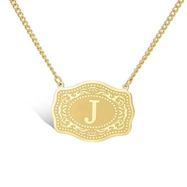 Imagem de VASSAGO Colar de fivela de cinto com letra inicial para mulheres e homens, pingente de pingente em relevo de aço inoxidável delicado joia personalizada presente, Adjustable, Aço inoxidável, Sem Pedra