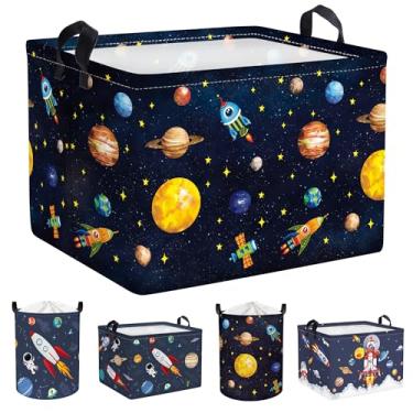 Imagem de Clastyle Cesta de prateleira preta planeta espaço sideral estrelas foguete cósmico brinquedo berçário caixa de armazenamento dobrável retangular roupas livros cubo de armazenamento
