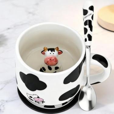 Imagem de Arawat Caneca de vaca fofa com animal dentro de canecas de café de cerâmica fofas com estampa de vaca canecas de chá engraçadas caneca de café com colher presente exclusivo para mulheres amigas