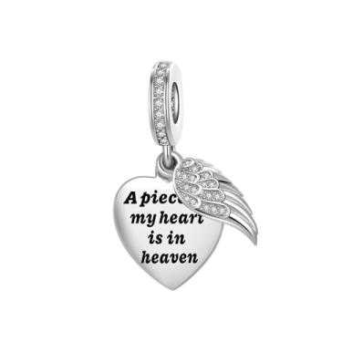 Imagem de Pingente de coração com citação de asa serve em pulseiras Pandora A Piece of My Heaert is in Heaven Memorial de Natal, presente para mulheres, filha, irmã, família