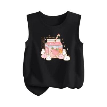 Imagem de Camiseta Regata De Algodão Para Meninas Com Estampa Kawaii De Coelho E