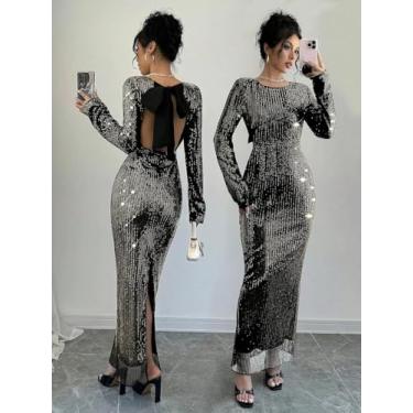 Imagem de Vestido midi feminino de lantejoulas douradas e pretas - Vestido de festa formal de manga comprida com laço nas costas, Dourado, Large