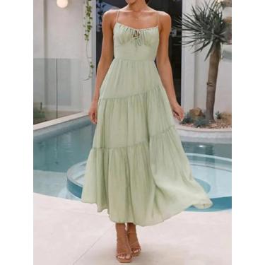 Imagem de Vestido maxi feminino verde claro em camadas - vestido de verão com alças finas e babados, Verde, M