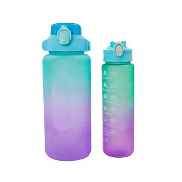 Imagem de Kit 3 Garrafa Galão de Agua 2L e 900ml Degrade Com Figurinhas Adesivos 3D