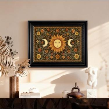 Imagem de VIYYIEA Arte de parede com textura 3D, estilo boho celestial vintage para decoração de sala de estar, estética de quarto, arte mística, sol e lua, 40,6 x 50,8 cm