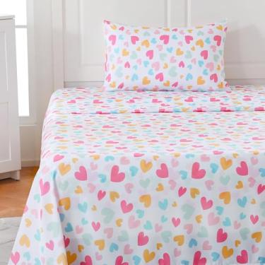 Imagem de MICORAL Jogo de lençol casal de corações para crianças, meninas, 4 peças de lençol para meninos e meninas, lençóis de microfibra com estampa macia, conjunto de cama infantil aconchegante, corações