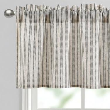 Imagem de JIUZHEN Saia de cozinha de 132 x 35 cm – Cortina para janela listrada de linho texturizado grosso com bolso de haste de 7,6 cm, cinza listrado vertical (1 painel)