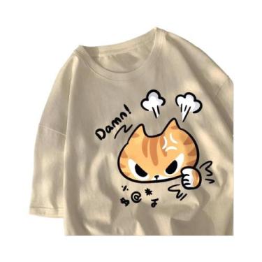 Imagem de Camiseta Feminina De Verão Com Estampa De Gato Enojado, Gola Redonda, 