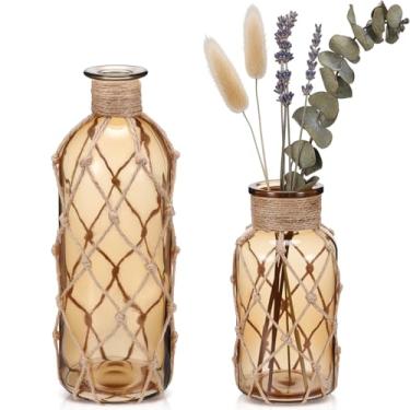 Imagem de Chuangdi Conjunto de 2 vasos de vidro costeiros para flores, pequeno vaso de flores com corda boho, garrafa decorativa de praia para mesa náutica costeira centro de mesa decoração de arranjo floral de
