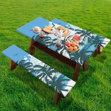 Imagem de Hudotybom Capa de mesa de piquenique de coqueiro com capas de banco, capas de mesa de acampamento Havaí com borda elástica, 3 peças, capa de banco de piquenique essencial para acampamento e churrasco