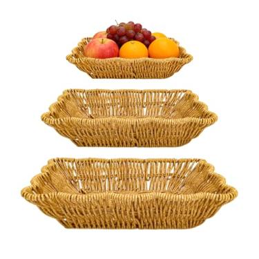 Imagem de Pacote com 3 cestas de pão de vime poli, cestas de pão de vime, legumes, cesta de servir retangular de mesa para restaurante, hotel, cozinha (marrom claro)