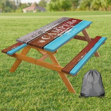 Imagem de VeiVian Capa de mesa de piquenique com bordas elásticas, capa de mesa vintage de grão de madeira, impermeável, à prova de vento, para acampamento ao ar livre, pátio, jardim, trailer, viagem, bolsa com
