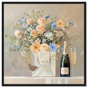 Imagem de Art Remedy Sacola de compras em tela floral borboletas impressões artísticas modernas, moldura preta, 50,8 cm x 50,8 cm