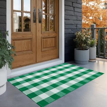 Imagem de joybest Tapete xadrez Buffalo 0,9 x 1,5 m, verde e branco, tapete de algodão tecido à mão para ambientes internos e externos, para pátio, sala de estar, sala de jantar, quarto