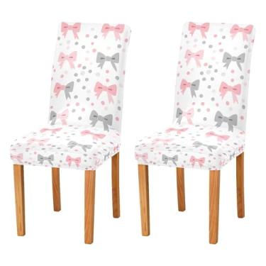 Imagem de SEHANY Conjunto de 4 capas de cadeira com laço de bolinhas rosa para sala de jantar, elástico, removível e lavável, para cozinha, hotel, festa, Natal