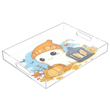 Imagem de xigua Bandeja de servir de acrílico fantasma de Halloween com alças à prova de derramamento, bandejas decorativas de festa de Halloween, bandeja organizadora de bancada para banheiro, cozinha, 30,5 x