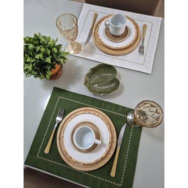 Imagem de Jogo Americano Dupla Face (kit de 6 lugares) Bordado Tecido Impermeável Liso Off White e Verde Militar | Mesa Posta