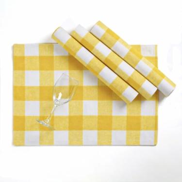 Imagem de Softopia Cotton Jogo americano xadrez de búfalo amarelo limão e branco, conjunto de 4 tapetes de mesa de jantar xadrez, 100% algodão, lavável, mesa reutilizável para jantar, casamentos e uso diário