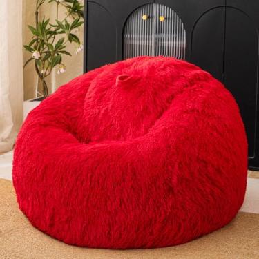 Imagem de Capas de cadeira de pufe vermelho (sem enchimento), capa de cadeira de pufe fofa e confortável para quarto, capas de cadeira de saco de feijão para armazenamento de animais de pelúcia, cadeiras de