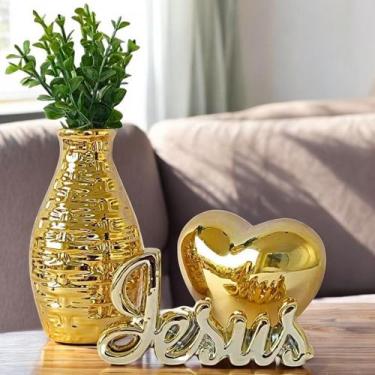 Imagem de Conjunto Com Vasinho Metalizado e Frase Decorativa Jesus e Coração Ros