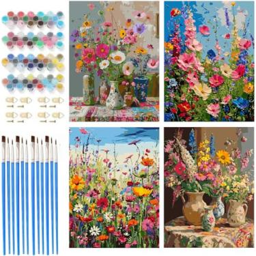 Imagem de croshom 4 pacotes de kit de pintura por números para adultos - kits de pintura por números, pintura de flores por números, artesanato acrílico para decoração de casa 30 x 39,9 cm