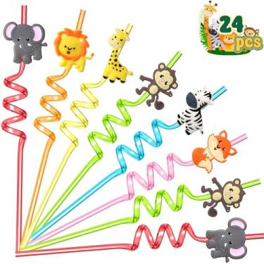 Imagem de AFZMON Decorações de festa de animais safári favorece canudos de plástico bobos, 24 peças de canudos selvagens de selva para crianças pequenas, zoológico, festa de aniversário, sacolas de brindes