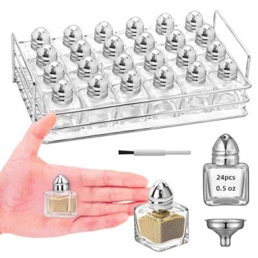 Imagem de 24 potes pequenos em forma de cubo de 14,2 g, pequenos saleiros e pimenteiros de vidro transparente, saleiro de especiarias com funil e rack de armazenamento para festa de casamento, restaurante, casa