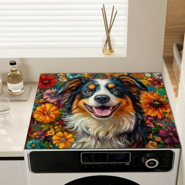 Imagem de Happy Dog Flowers Almofada de capa contra poeira para máquina de lavar e secar roupa antiderrapante para a parte superior, tapete protetor de secadora para lavanderia e cozinha, 59,9 cm x 50 cm