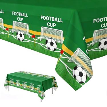 Imagem de ORNALES Decorações para a Copa do Mundo de Futebol – 2 peças de toalhas de mesa de festa de futebol verde-escuro, toalhas de mesa de plástico descartáveis, 137 x 274 cm, perfeitas para decorações de