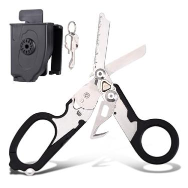 Imagem de Tesoura multifuncional 6 em 1 para trauma, tesoura de emergência dobrável de aço inoxidável, tesoura de sobrevivência com bainha e chave, ferramenta tática médica. (preto)