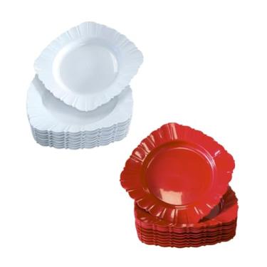Imagem de Jogo de 50 Pratos Plásticos Brancos Quadrados - Reutilizáveis para Refeições, Festas, Churrascos e Porções de Petiscos, Utensílios Práticos (Misto 25 Branco 25 Vermelho)