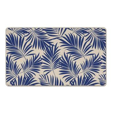 Imagem de Livcoz Tapete de porta frontal de boas-vindas com folhas de palmeira azul, planta tropical, botânica, tapete de entrada, tapete de entrada antiderrapante, decoração de cozinha de casa de perfil baixo