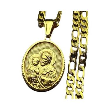 Imagem de Colar Masculino Em Aço Inoxidável Cor Dourada Medalha Crucifixo Coroa 