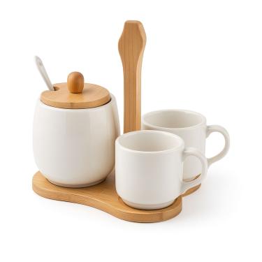 Imagem de Jogo Xícaras Café Açucareiro Suporte Bambu Cerâmica 4 Peças