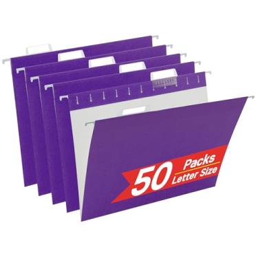 Imagem de Pastas de arquivo roxas para pendurar, 50 pacotes de pasta de arquivo tamanho carta, projetada para arquivos volumosos, armário de arquivo, 1/5 abas ajustáveis para escritório, escola, casa