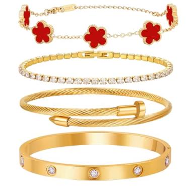 Imagem de MVCOLEDY Pulseira de amor banhada a ouro 18 K para mulheres, pulseira de 4 peças com concha sintética, corrente de trevo floral, corrente de tênis e pulseira de ouro de cristal, joia de presente para