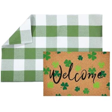 Imagem de Maasechs 2 capacho para o dia de São Patrício, 61 x 133 cm, tapete xadrez verde e 45 x 71 cm, tapete de boas-vindas antiderrapante trevo da sorte para entrada externa