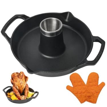 Imagem de IPROUDER Torradeira de frango de ferro fundido, assadeira vertical pré-temperada de aves com bandeja coletora, suporte de frango para lata de cerveja para churrasqueira, forno e defumador