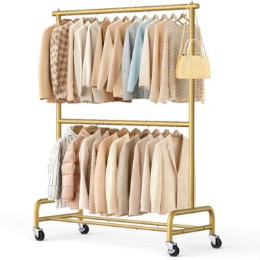 Imagem de SLEEPING LAMB Suporte de roupas de haste dupla resistente para pendurar roupas, rack de metal com rodinhas com rodas, cabide de roupas, suporte de guarda-roupa para casacos, camisas (ouro)